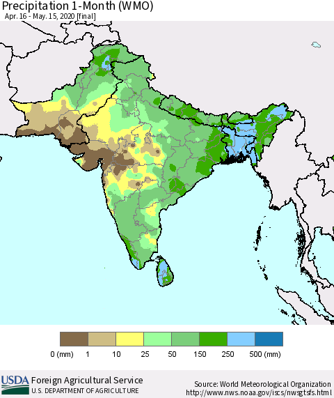 Southern Asia Precipitation 1-Month (WMO) Thematic Map For 4/16/2020 - 5/15/2020