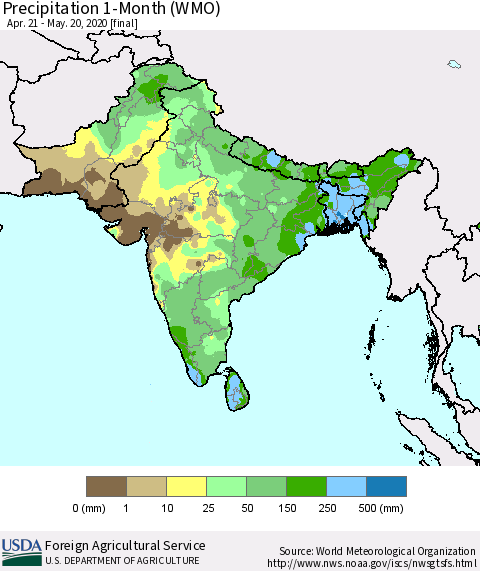Southern Asia Precipitation 1-Month (WMO) Thematic Map For 4/21/2020 - 5/20/2020