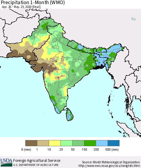 Southern Asia Precipitation 1-Month (WMO) Thematic Map For 4/26/2020 - 5/25/2020
