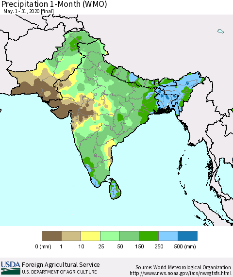 Southern Asia Precipitation 1-Month (WMO) Thematic Map For 5/1/2020 - 5/31/2020