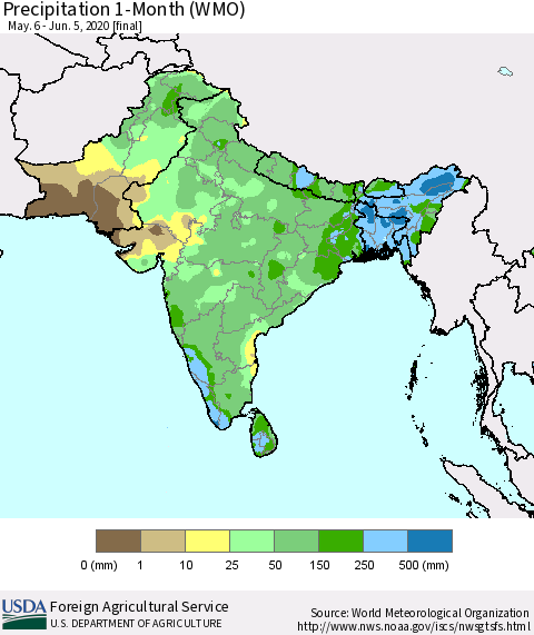 Southern Asia Precipitation 1-Month (WMO) Thematic Map For 5/6/2020 - 6/5/2020