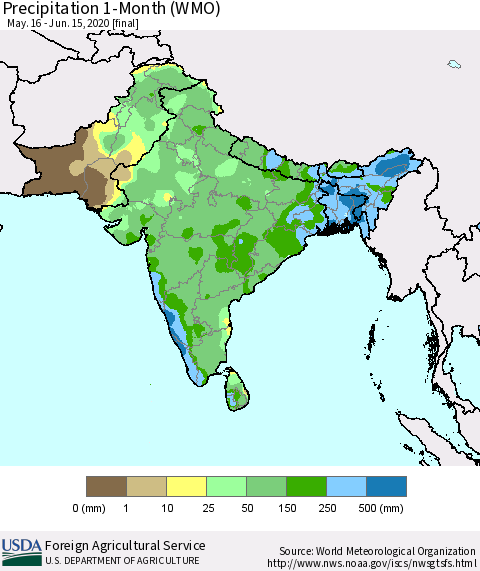 Southern Asia Precipitation 1-Month (WMO) Thematic Map For 5/16/2020 - 6/15/2020