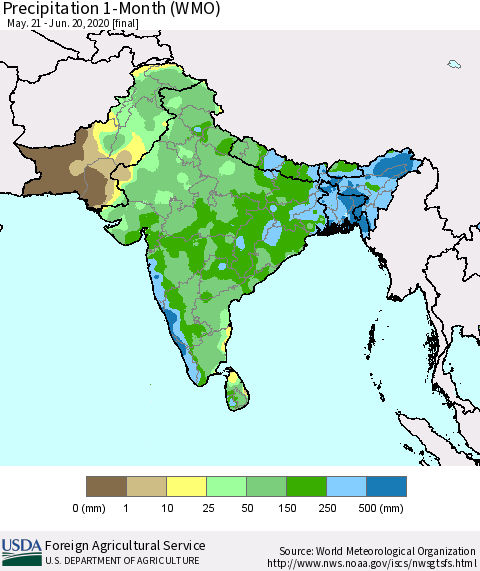 Southern Asia Precipitation 1-Month (WMO) Thematic Map For 5/21/2020 - 6/20/2020