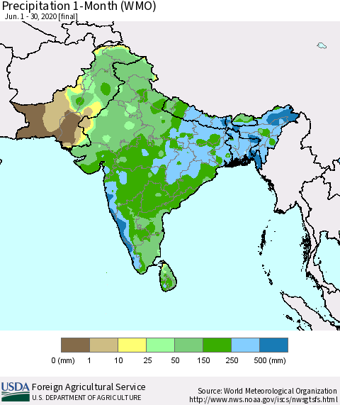 Southern Asia Precipitation 1-Month (WMO) Thematic Map For 6/1/2020 - 6/30/2020