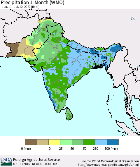 Southern Asia Precipitation 1-Month (WMO) Thematic Map For 6/11/2020 - 7/10/2020