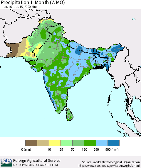 Southern Asia Precipitation 1-Month (WMO) Thematic Map For 6/16/2020 - 7/15/2020