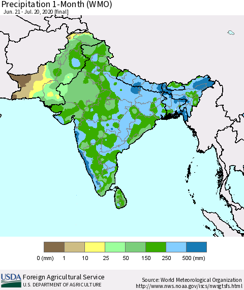 Southern Asia Precipitation 1-Month (WMO) Thematic Map For 6/21/2020 - 7/20/2020