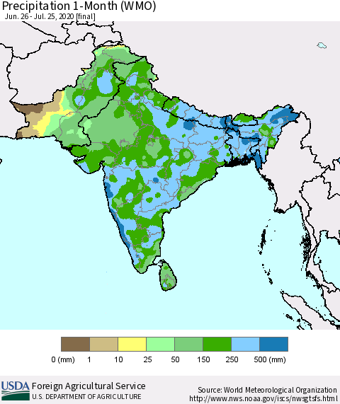Southern Asia Precipitation 1-Month (WMO) Thematic Map For 6/26/2020 - 7/25/2020