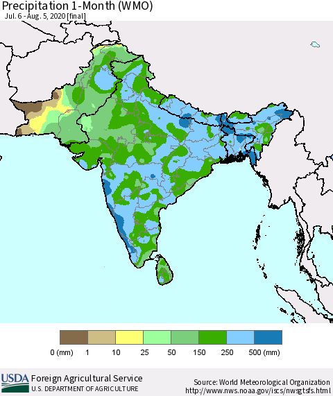 Southern Asia Precipitation 1-Month (WMO) Thematic Map For 7/6/2020 - 8/5/2020