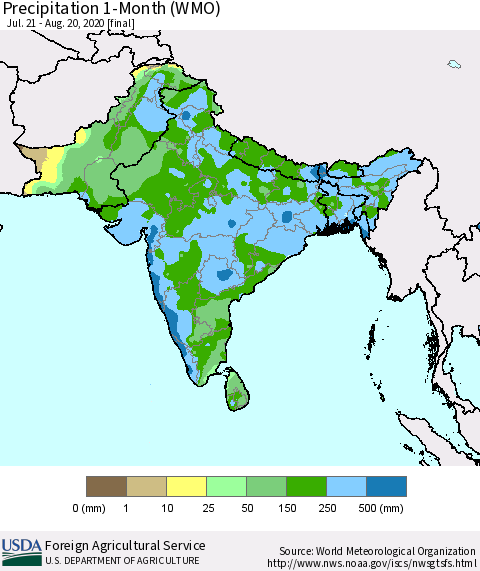 Southern Asia Precipitation 1-Month (WMO) Thematic Map For 7/21/2020 - 8/20/2020