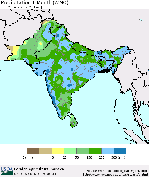 Southern Asia Precipitation 1-Month (WMO) Thematic Map For 7/26/2020 - 8/25/2020
