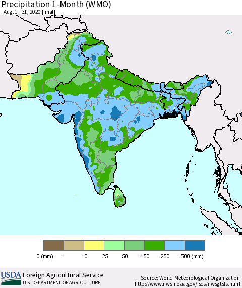 Southern Asia Precipitation 1-Month (WMO) Thematic Map For 8/1/2020 - 8/31/2020