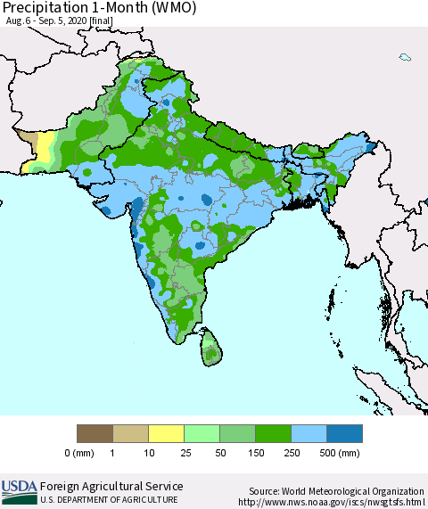 Southern Asia Precipitation 1-Month (WMO) Thematic Map For 8/6/2020 - 9/5/2020