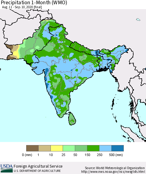 Southern Asia Precipitation 1-Month (WMO) Thematic Map For 8/11/2020 - 9/10/2020