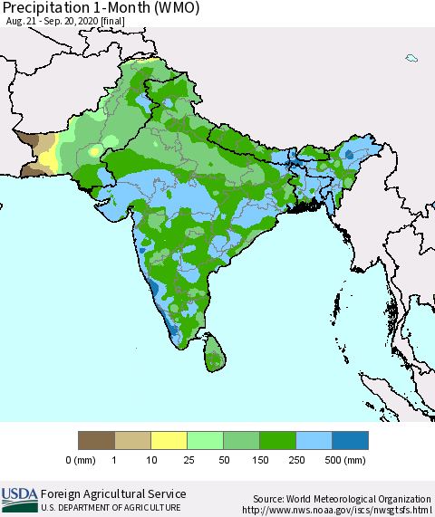 Southern Asia Precipitation 1-Month (WMO) Thematic Map For 8/21/2020 - 9/20/2020