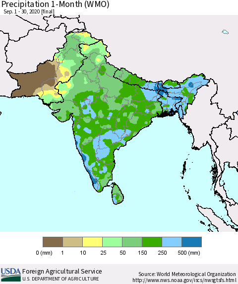 Southern Asia Precipitation 1-Month (WMO) Thematic Map For 9/1/2020 - 9/30/2020
