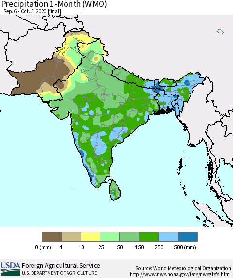 Southern Asia Precipitation 1-Month (WMO) Thematic Map For 9/6/2020 - 10/5/2020