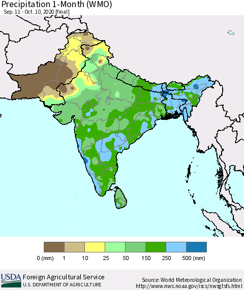 Southern Asia Precipitation 1-Month (WMO) Thematic Map For 9/11/2020 - 10/10/2020