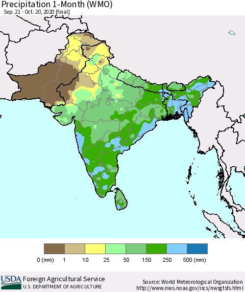 Southern Asia Precipitation 1-Month (WMO) Thematic Map For 9/21/2020 - 10/20/2020