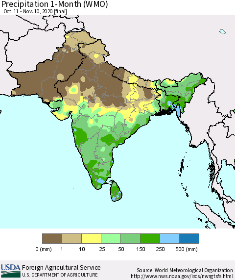 Southern Asia Precipitation 1-Month (WMO) Thematic Map For 10/11/2020 - 11/10/2020