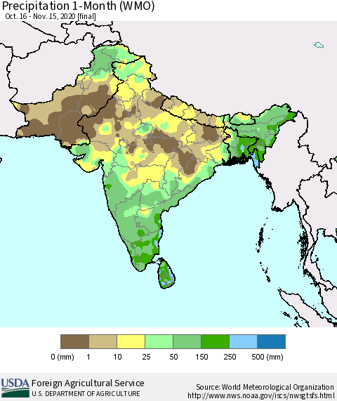 Southern Asia Precipitation 1-Month (WMO) Thematic Map For 10/16/2020 - 11/15/2020