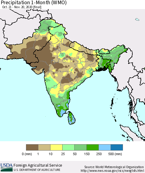 Southern Asia Precipitation 1-Month (WMO) Thematic Map For 10/21/2020 - 11/20/2020