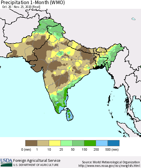 Southern Asia Precipitation 1-Month (WMO) Thematic Map For 10/26/2020 - 11/25/2020