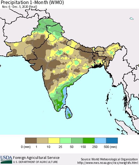 Southern Asia Precipitation 1-Month (WMO) Thematic Map For 11/6/2020 - 12/5/2020