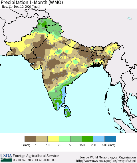 Southern Asia Precipitation 1-Month (WMO) Thematic Map For 11/11/2020 - 12/10/2020