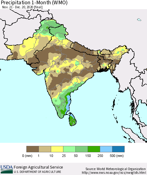Southern Asia Precipitation 1-Month (WMO) Thematic Map For 11/21/2020 - 12/20/2020