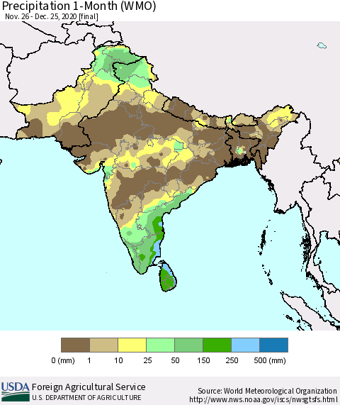 Southern Asia Precipitation 1-Month (WMO) Thematic Map For 11/26/2020 - 12/25/2020