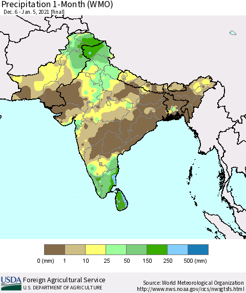 Southern Asia Precipitation 1-Month (WMO) Thematic Map For 12/6/2020 - 1/5/2021