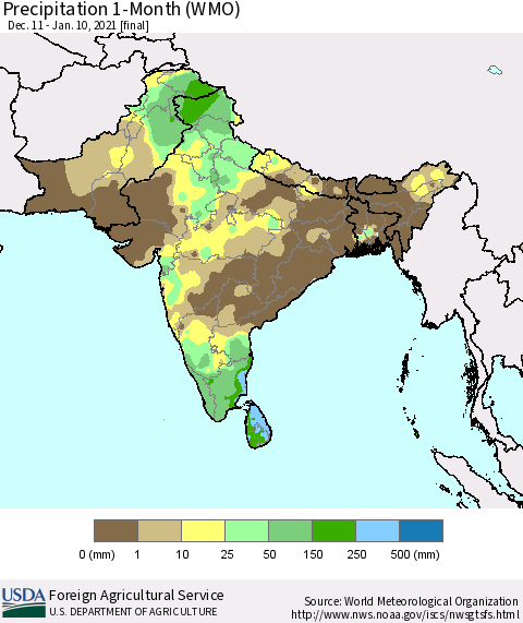 Southern Asia Precipitation 1-Month (WMO) Thematic Map For 12/11/2020 - 1/10/2021