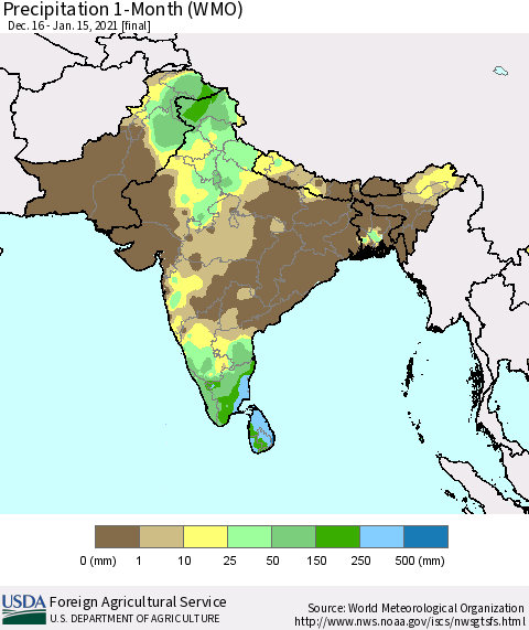 Southern Asia Precipitation 1-Month (WMO) Thematic Map For 12/16/2020 - 1/15/2021