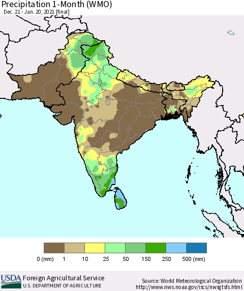 Southern Asia Precipitation 1-Month (WMO) Thematic Map For 12/21/2020 - 1/20/2021