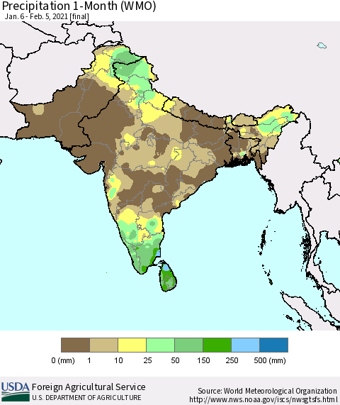 Southern Asia Precipitation 1-Month (WMO) Thematic Map For 1/6/2021 - 2/5/2021