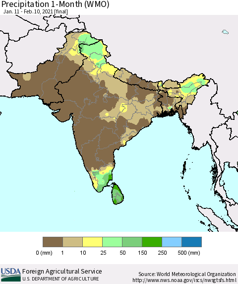 Southern Asia Precipitation 1-Month (WMO) Thematic Map For 1/11/2021 - 2/10/2021