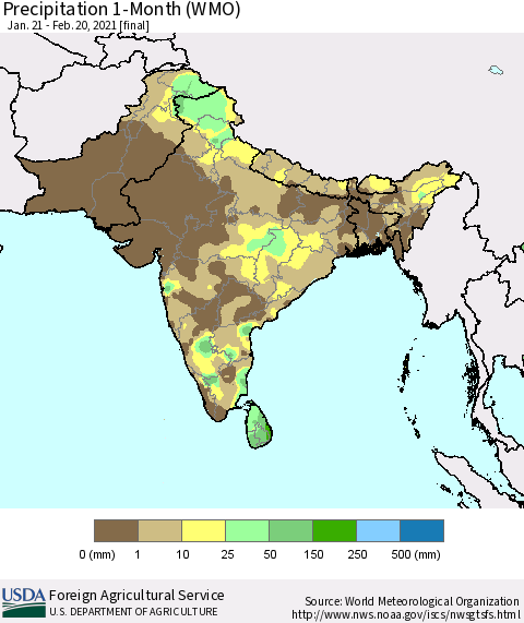 Southern Asia Precipitation 1-Month (WMO) Thematic Map For 1/21/2021 - 2/20/2021