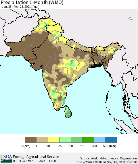 Southern Asia Precipitation 1-Month (WMO) Thematic Map For 1/26/2021 - 2/25/2021