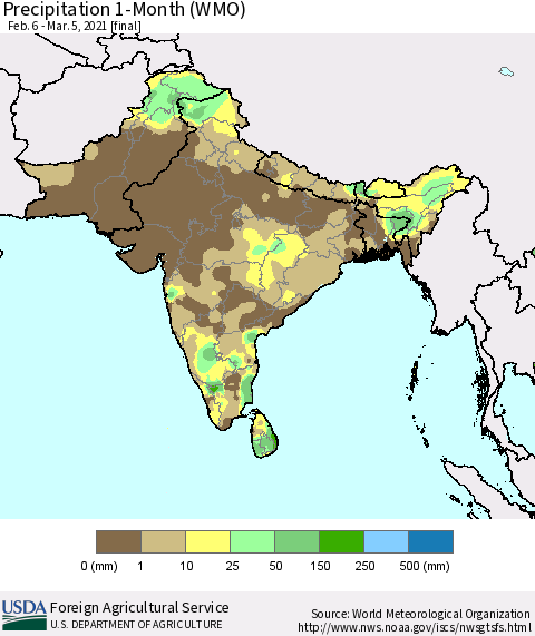 Southern Asia Precipitation 1-Month (WMO) Thematic Map For 2/6/2021 - 3/5/2021