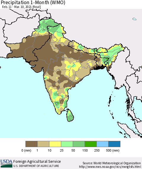Southern Asia Precipitation 1-Month (WMO) Thematic Map For 2/11/2021 - 3/10/2021
