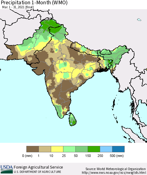 Southern Asia Precipitation 1-Month (WMO) Thematic Map For 3/1/2021 - 3/31/2021