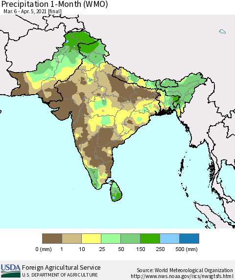 Southern Asia Precipitation 1-Month (WMO) Thematic Map For 3/6/2021 - 4/5/2021