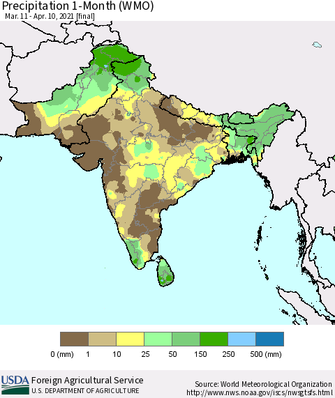 Southern Asia Precipitation 1-Month (WMO) Thematic Map For 3/11/2021 - 4/10/2021