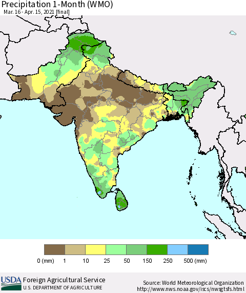 Southern Asia Precipitation 1-Month (WMO) Thematic Map For 3/16/2021 - 4/15/2021