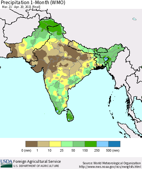 Southern Asia Precipitation 1-Month (WMO) Thematic Map For 3/21/2021 - 4/20/2021