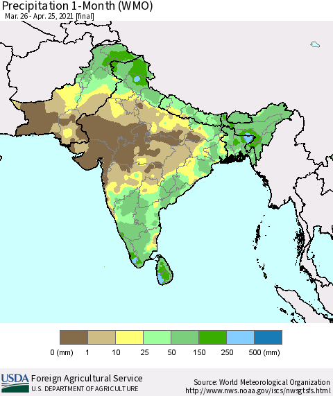 Southern Asia Precipitation 1-Month (WMO) Thematic Map For 3/26/2021 - 4/25/2021