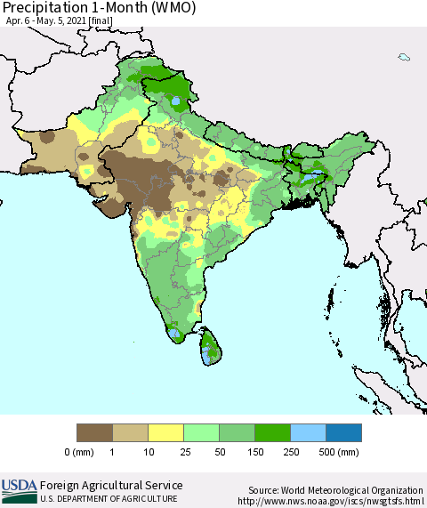 Southern Asia Precipitation 1-Month (WMO) Thematic Map For 4/6/2021 - 5/5/2021