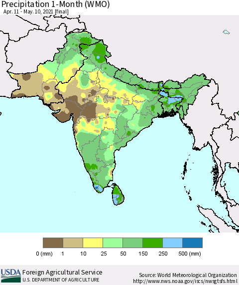 Southern Asia Precipitation 1-Month (WMO) Thematic Map For 4/11/2021 - 5/10/2021