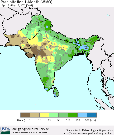 Southern Asia Precipitation 1-Month (WMO) Thematic Map For 4/16/2021 - 5/15/2021